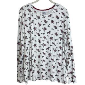 Croft & Barrow Womens Classic Tee XXL White Red Bird Holiday Print Long Sleeve